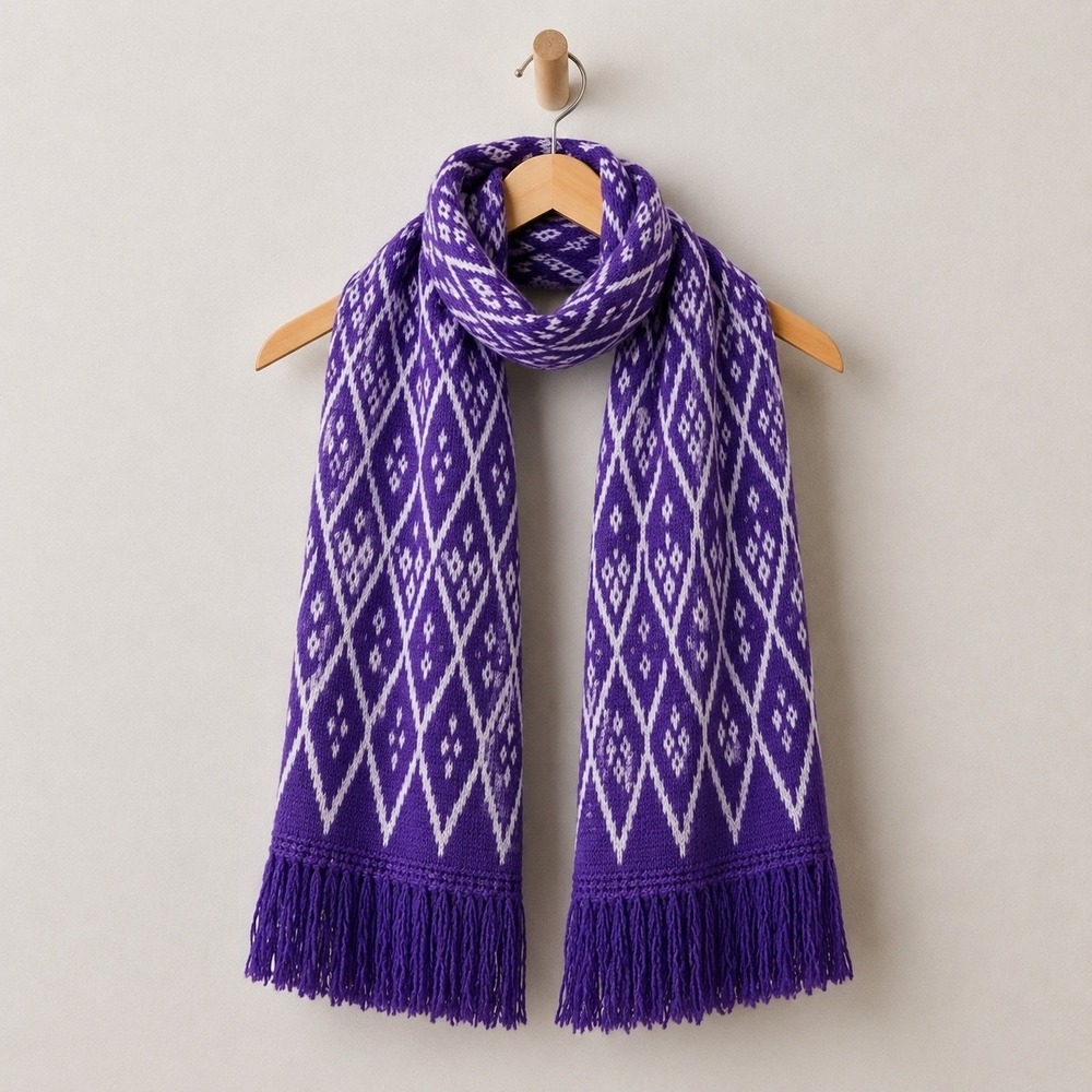 Geometric Ikat Knit Scarf Womens Purple Fringe Cozy Casual Winter Outdoors